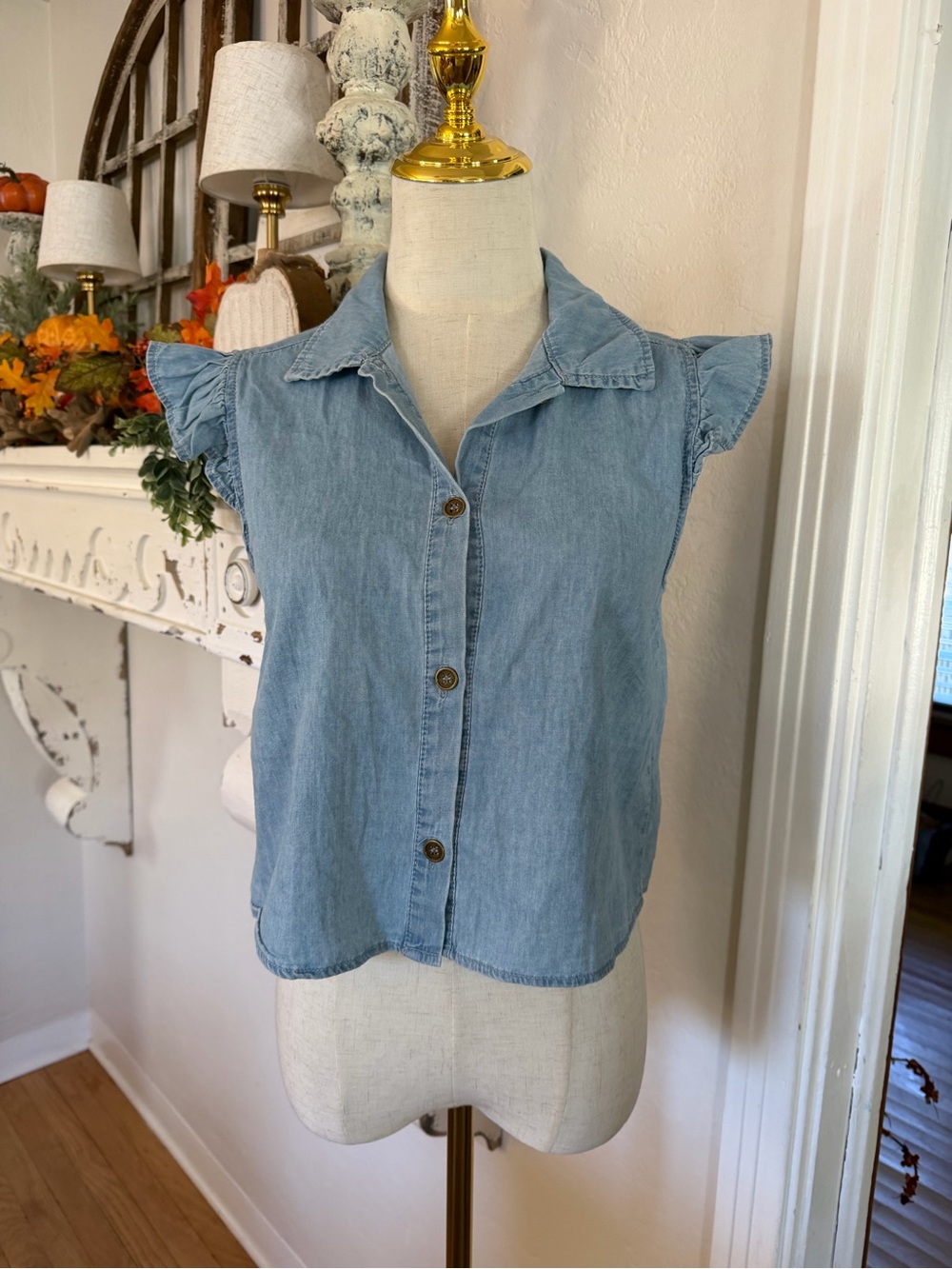 New Mix Light Blue Denim Ruffle-Sleeve Button Down Shirt